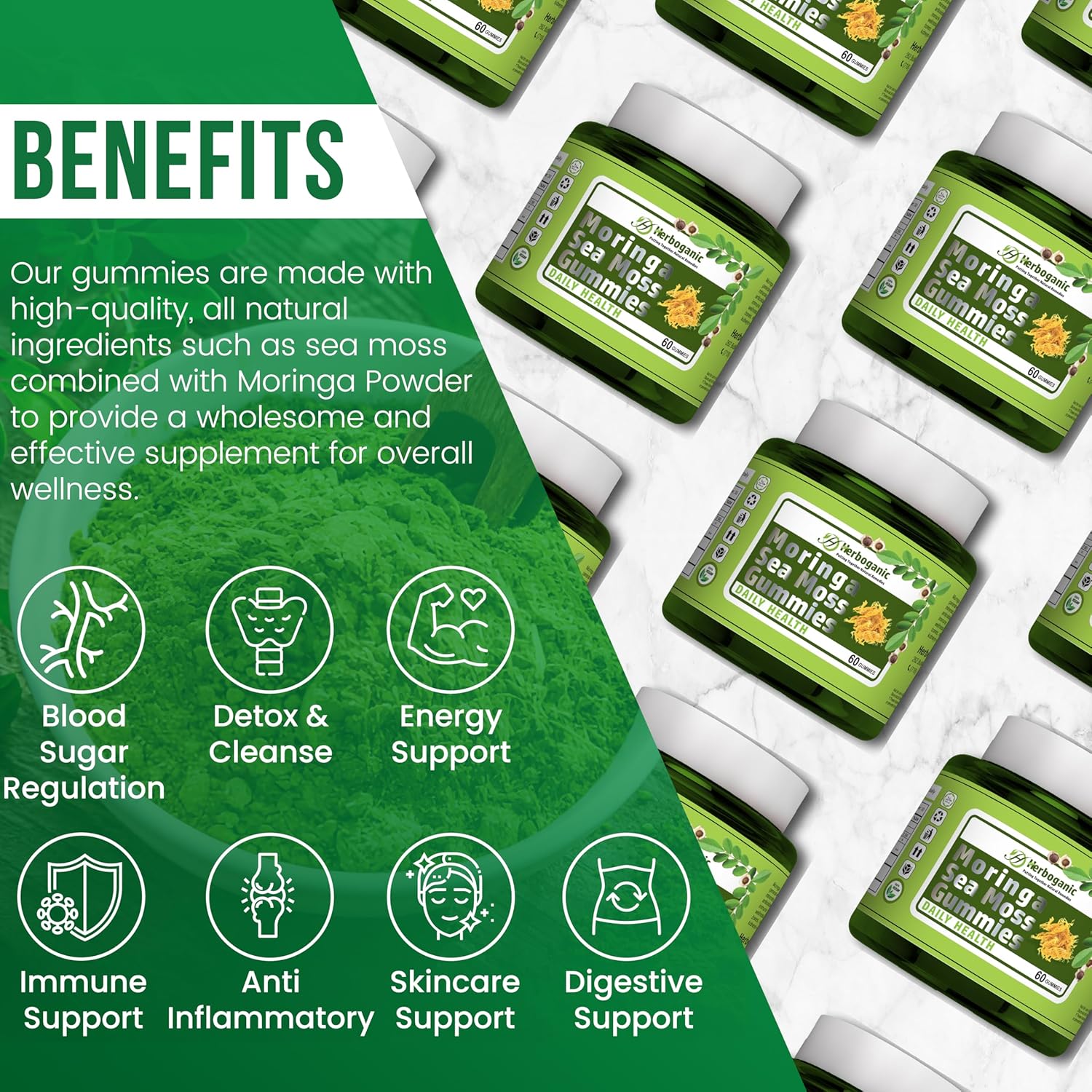 Superfood Green Supplement: HERBOGANIC Moringa Sea Moss Gummies with Fiber & Immune Support - 60 Count