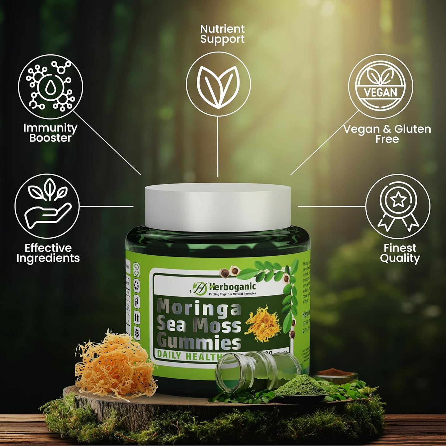 Superfood Green Supplement: HERBOGANIC Moringa Sea Moss Gummies with Fiber & Immune Support - 60 Count