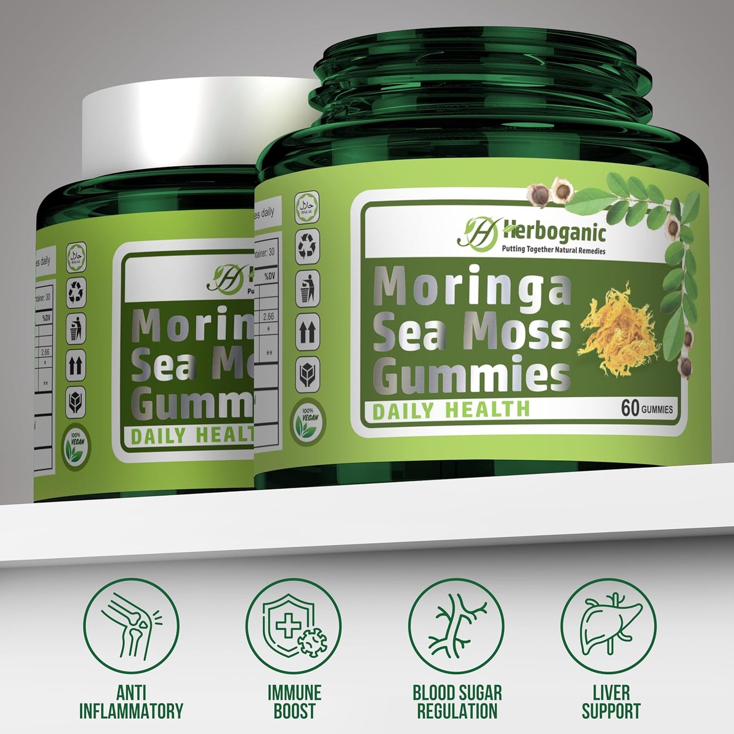 Superfood Green Supplement: HERBOGANIC Moringa Sea Moss Gummies with Fiber & Immune Support - 60 Count