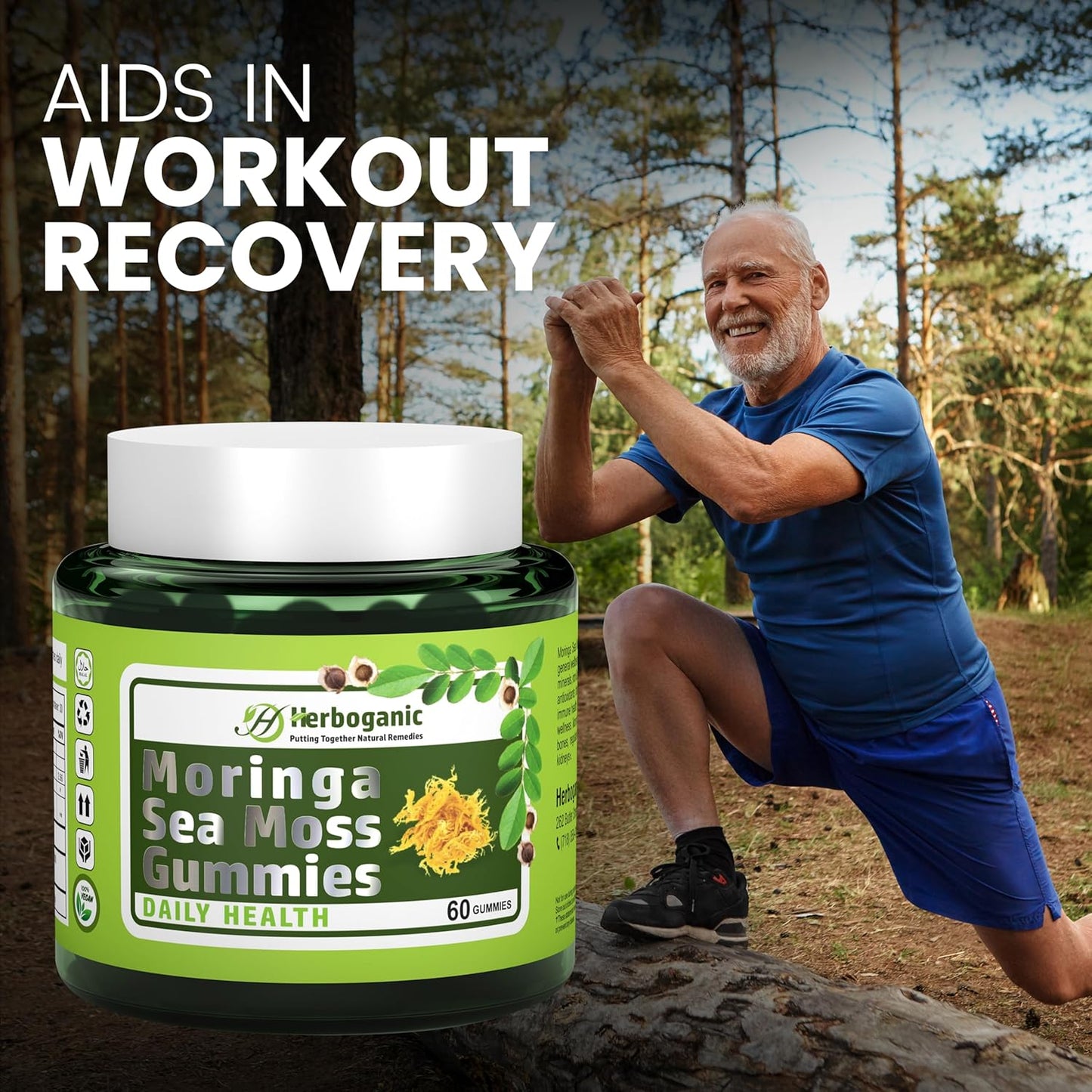 Superfood Green Supplement: HERBOGANIC Moringa Sea Moss Gummies with Fiber & Immune Support - 60 Count