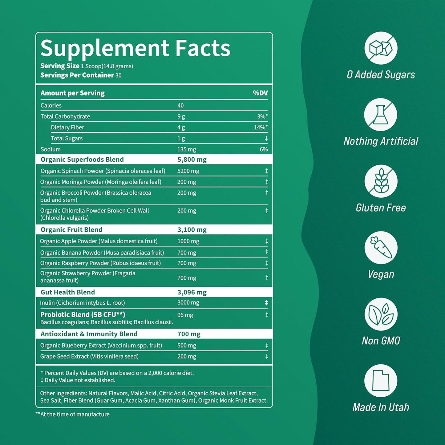 Superfood Greens Drink Mix with Chlorella, Moringa, Spinach, Broccoli, & Enzymes - Nutrient-Rich Powder for Wellness (30 Servings)