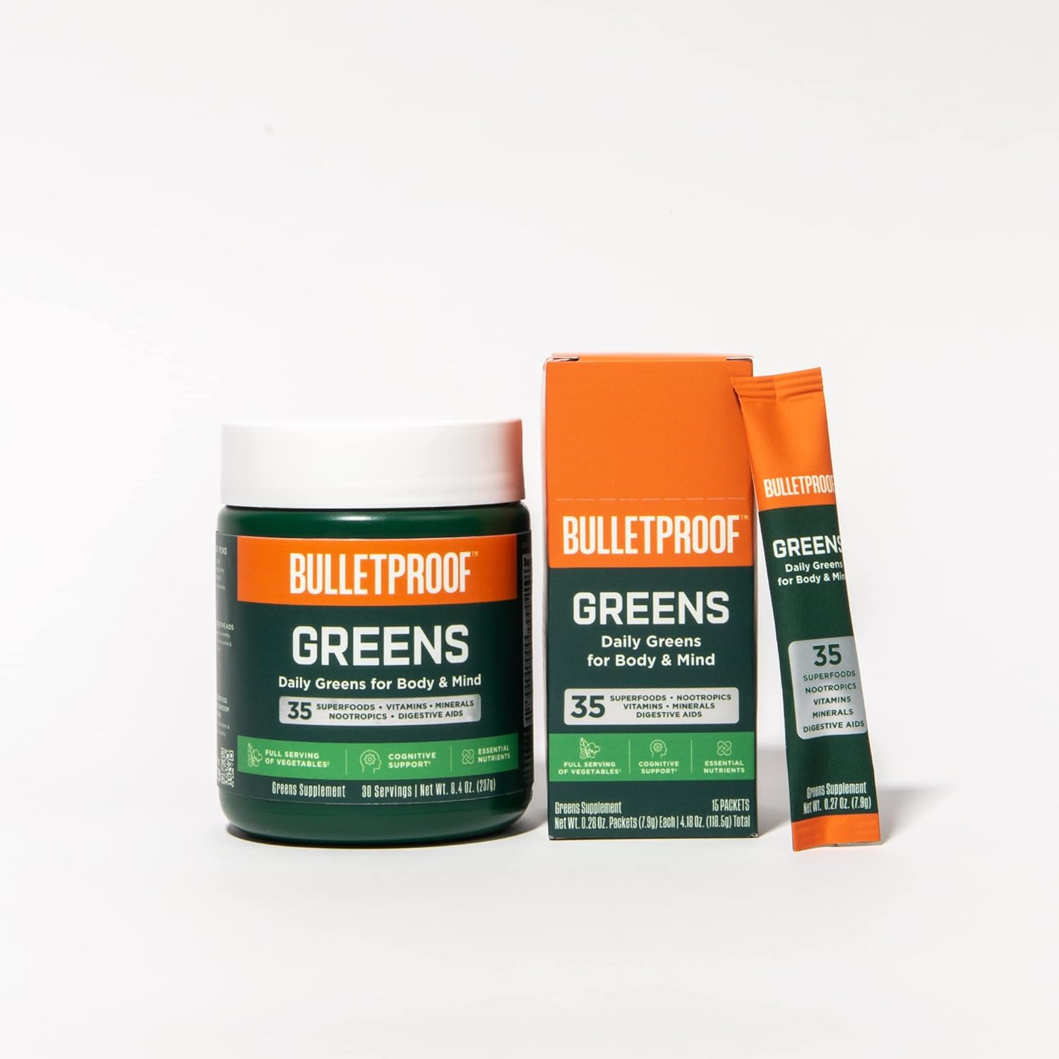Superfood Greens Powder Bundle - 8.4oz Bulletproof Greens with 35 Superfoods and 15 Individual Packets for Daily Wellness