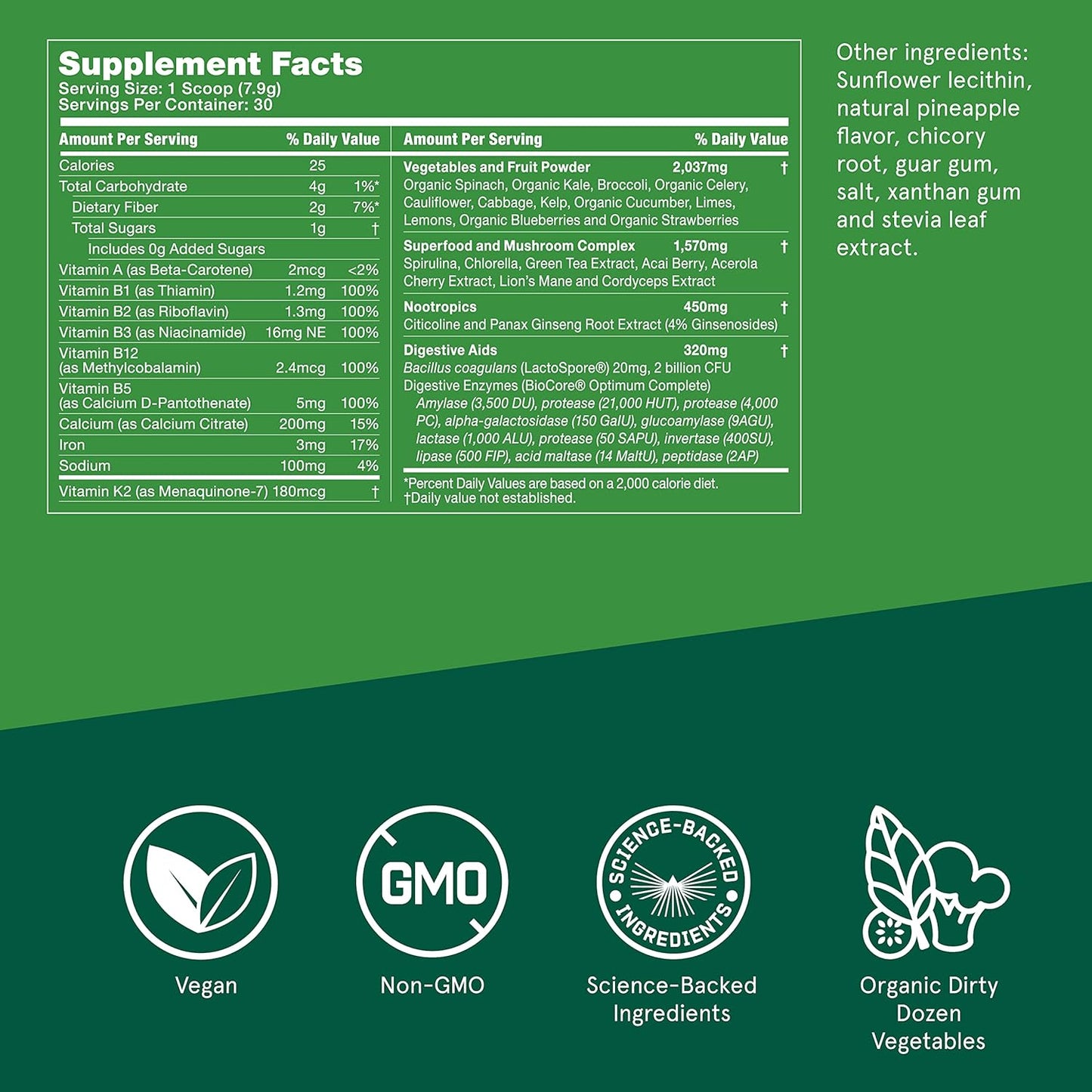 Superfood Greens Powder Bundle - 8.4oz Bulletproof Greens with 35 Superfoods and 15 Individual Packets for Daily Wellness