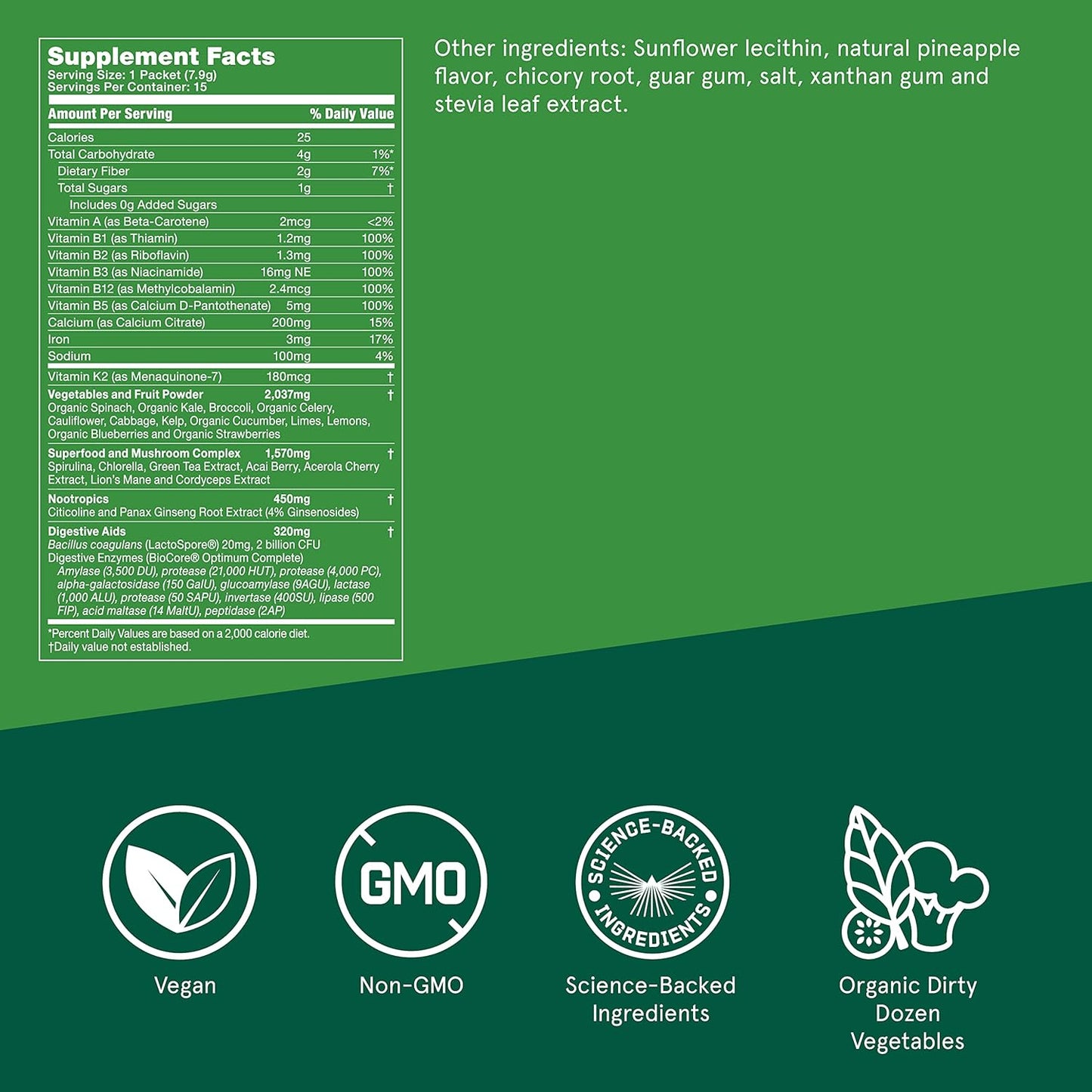 Superfood Greens Powder Bundle - 8.4oz Bulletproof Greens with 35 Superfoods and 15 Individual Packets for Daily Wellness