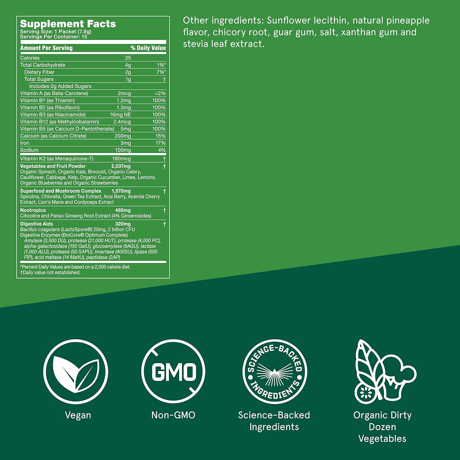 Superfood Greens Powder Bundle - 8.4oz Bulletproof Greens with 35 Superfoods and 15 Individual Packets for Daily Wellness