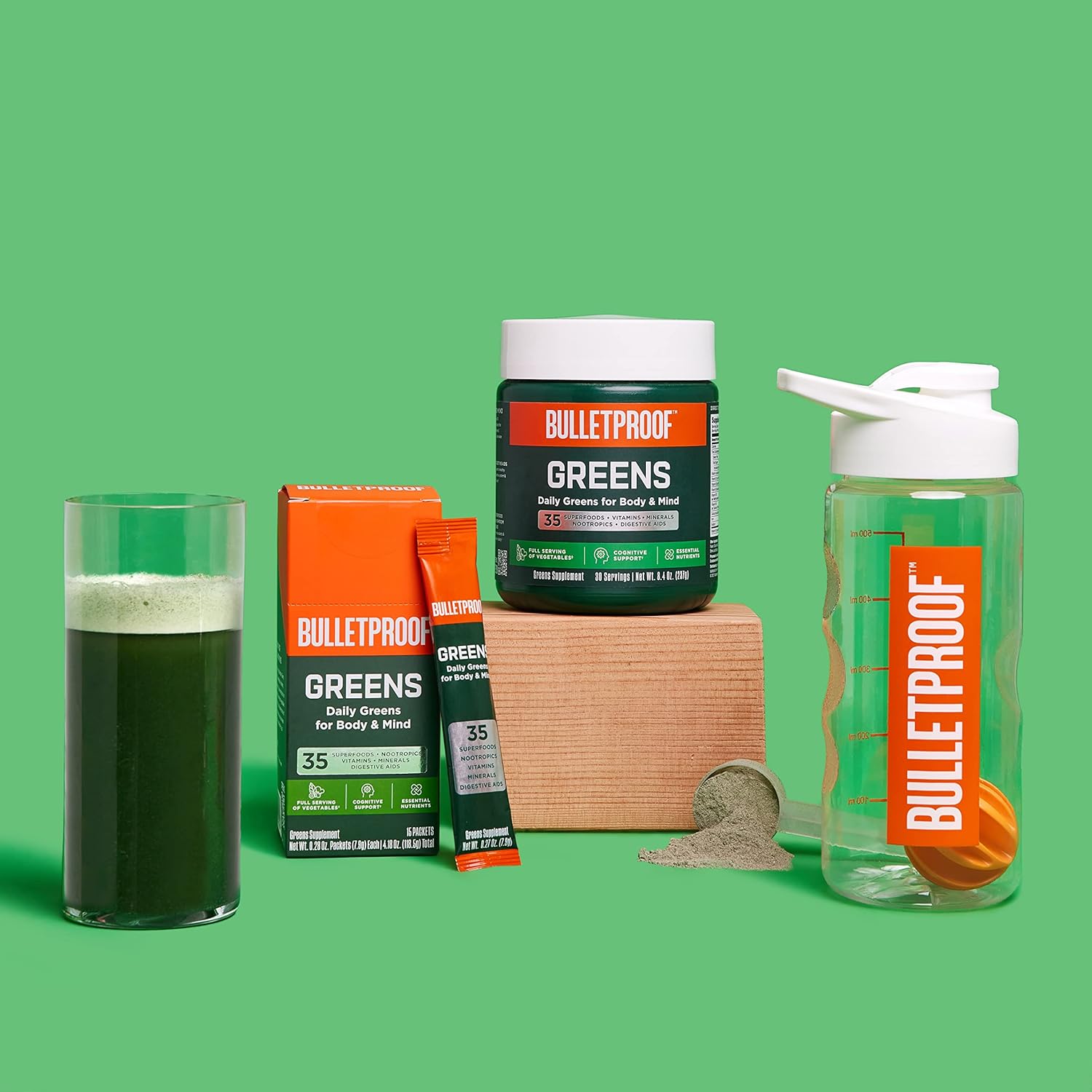Superfood Greens Powder Bundle - 8.4oz Bulletproof Greens with 35 Superfoods and 15 Individual Packets for Daily Wellness