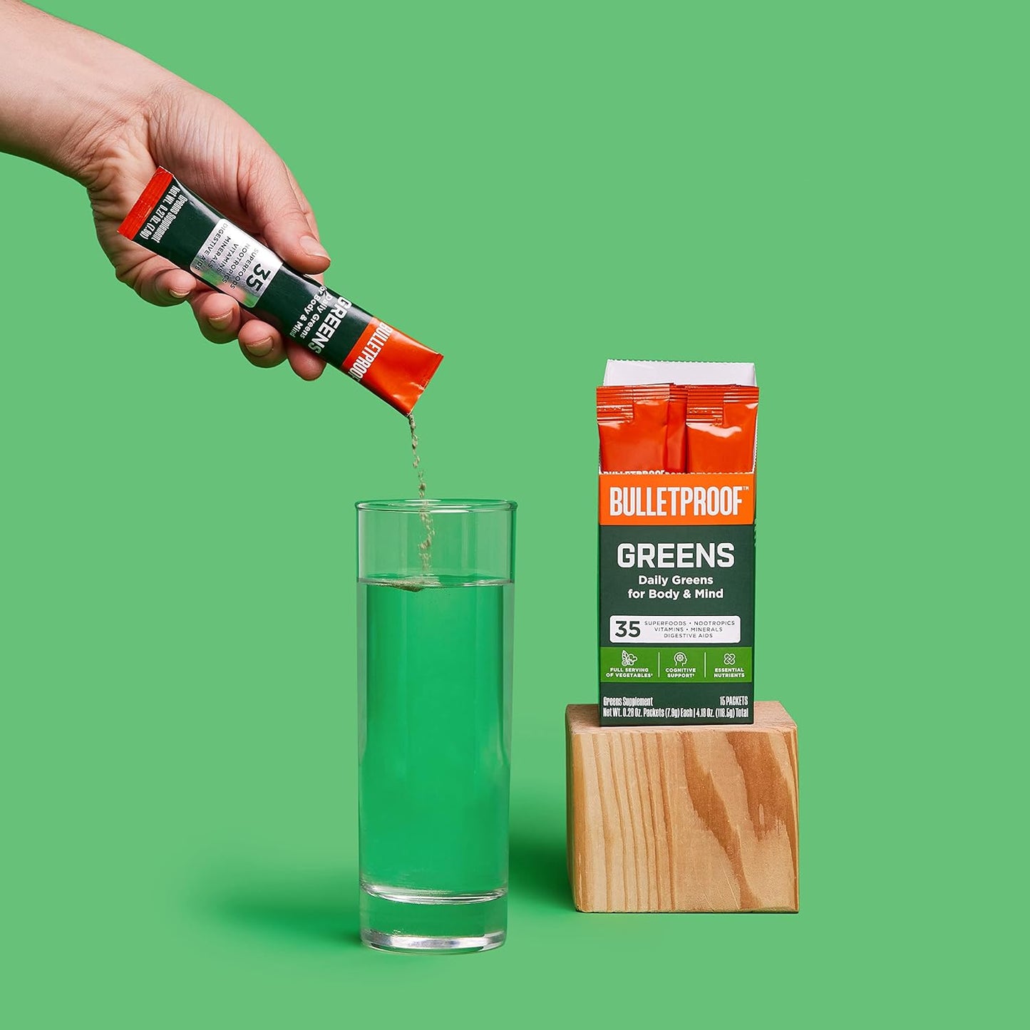 Superfood Greens Powder Bundle - 8.4oz Bulletproof Greens with 35 Superfoods and 15 Individual Packets for Daily Wellness