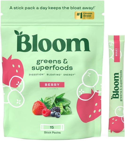 Superfood Greens Powder Stick Packs with Digestive Enzymes, Probiotics, and Prebiotics for Women - Gut Health and Bloating Relief, Chlorella and Green Juice Mix - 15 Servings, Berry Flavor