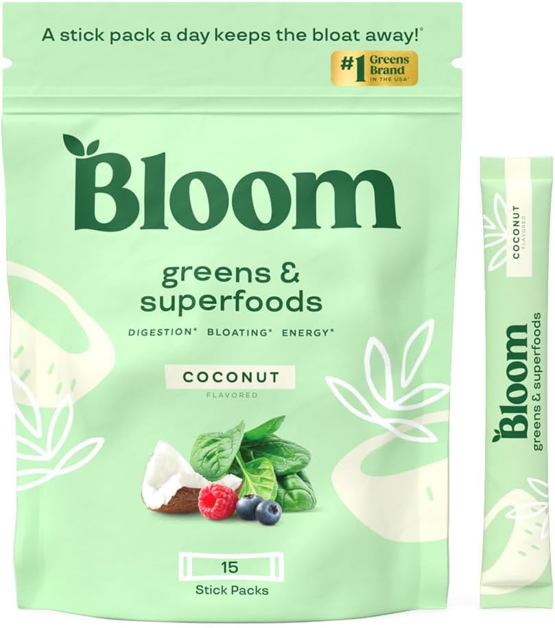 Superfood Greens Powder Stick Packs with Digestive Enzymes, Probiotics, and Prebiotics - Gut Health and Bloating Relief for Women - Chlorella and Green Juice Mix - 15 Servings