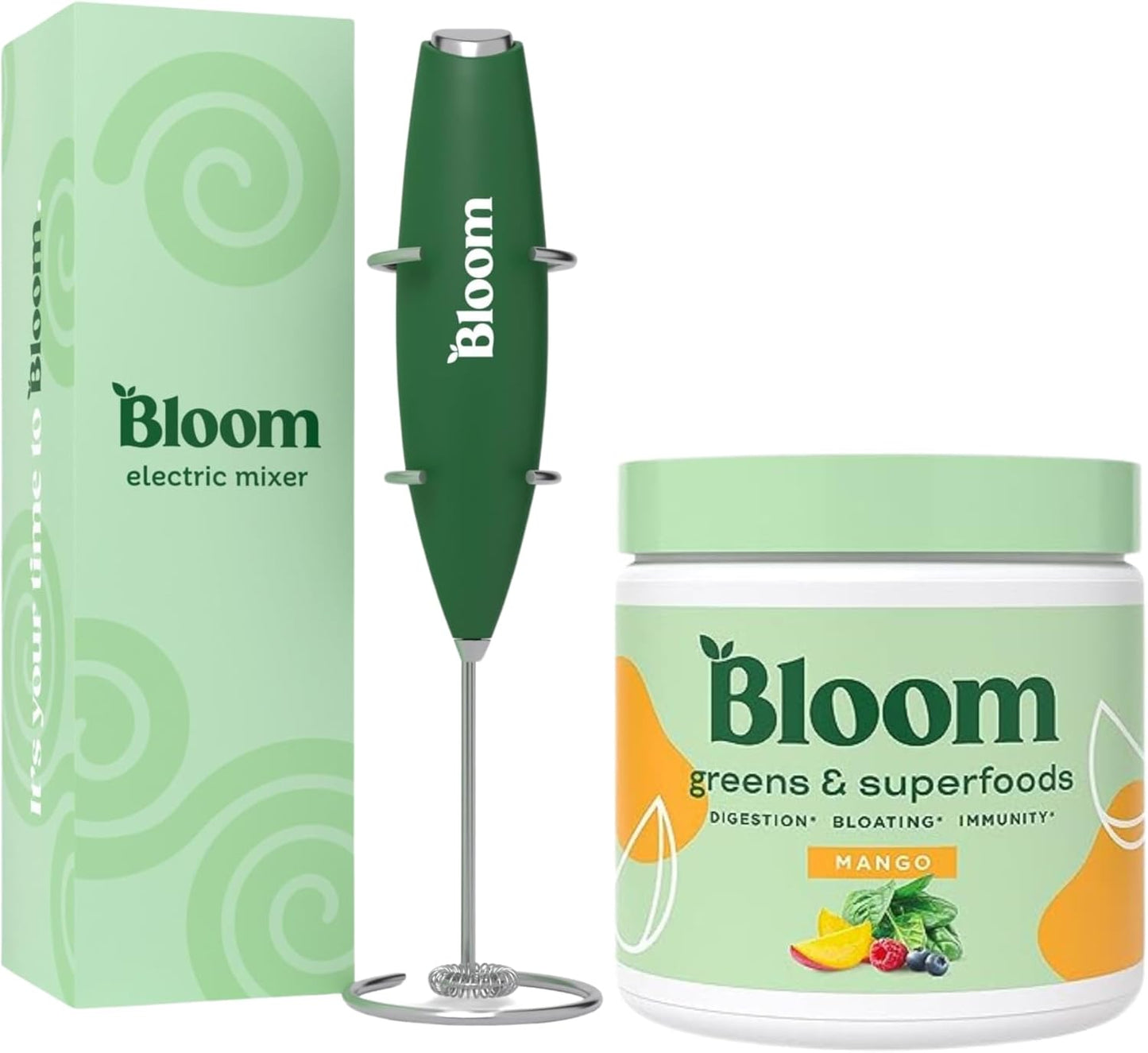 Superfood Greens Powder with Digestive Enzymes, Probiotics, Prebiotics, Mango Flavor, Milk Frother Hand Mixer for Gut Health