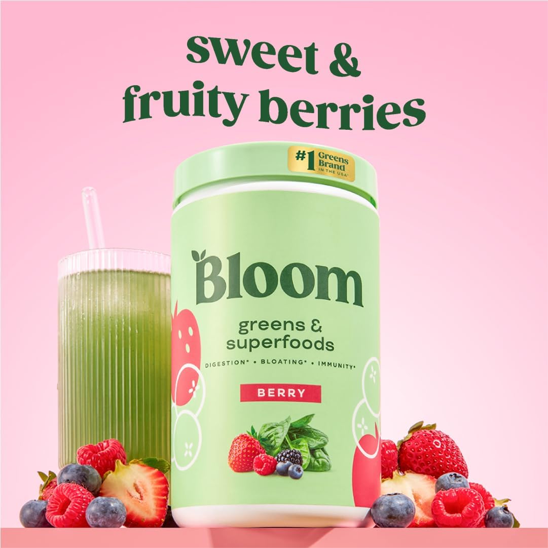Superfood Greens Powder with Digestive Enzymes, Probiotics, and Prebiotics for Gut Health and Bloating Relief - Chlorella, Beet Root, Berry - 60 Servings