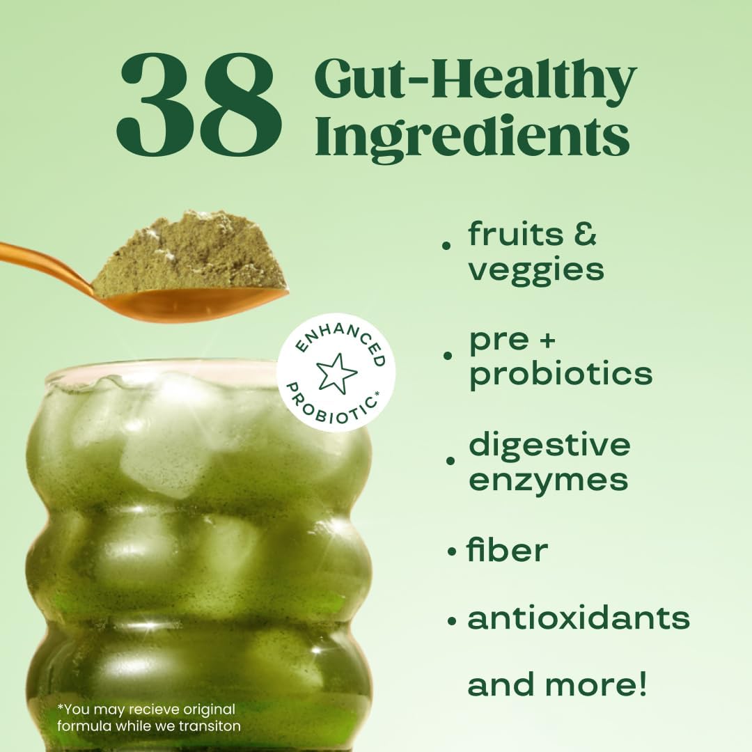 Superfood Greens Powder with Digestive Enzymes, Probiotics, and Prebiotics for Gut Health and Bloating Relief - Chlorella, Beet Root, Berry - 60 Servings