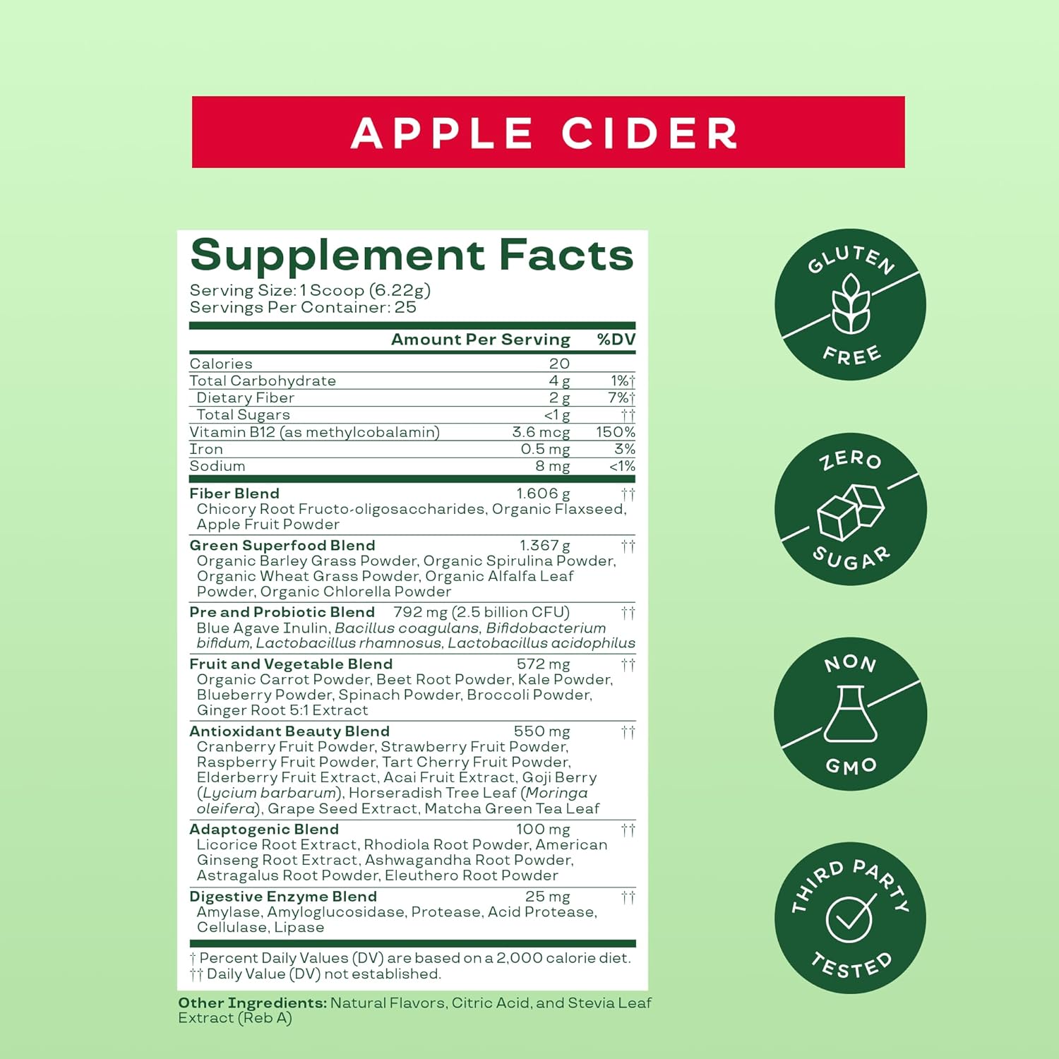 Superfood Greens Powder with Digestive Enzymes, Probiotics, and Prebiotics for Gut Health and Bloating Relief - Chlorella, Beet Root, Apple Cider Vinegar - 25 Servings