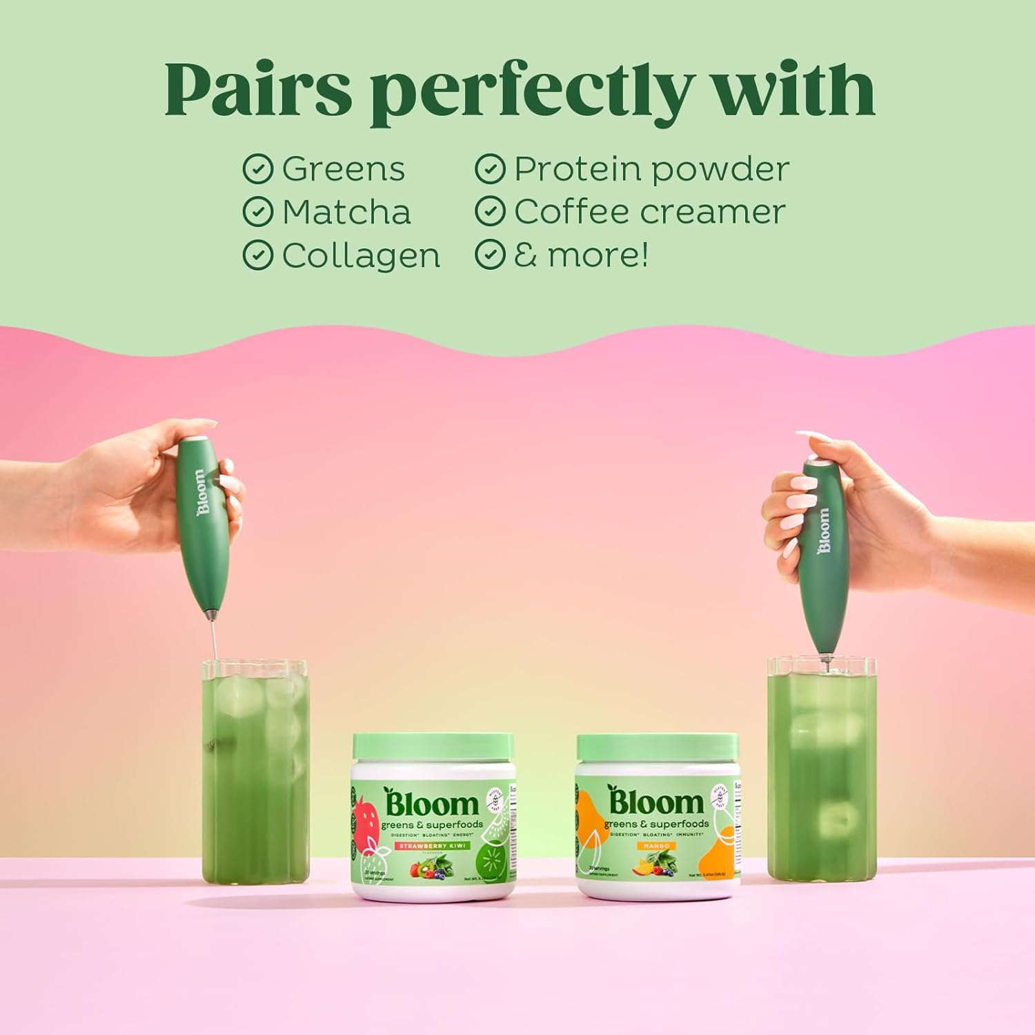 Superfood Greens Powder with Digestive Enzymes, Probiotics, Prebiotics for Gut Health + Bloating Relief + Hand Mixer