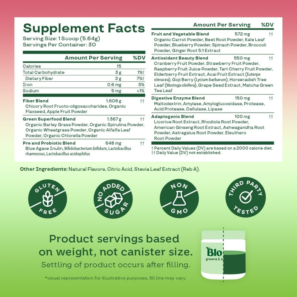 Superfood Greens Powder with Digestive Enzymes, Probiotics, and Prebiotics for Gut Health and Bloating Relief - Strawberry Kiwi Flavor + Milk Frother Hand Mixer