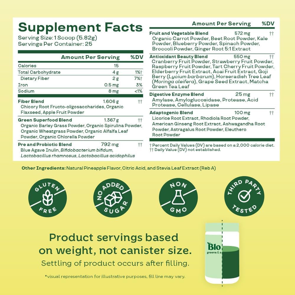 Superfood Greens Powder with Probiotics, Prebiotics, and Enzymes for Women's Gut Health and Bloating Relief - Chlorella, Beet Root, Pineapple Juice Mix - 25 Servings