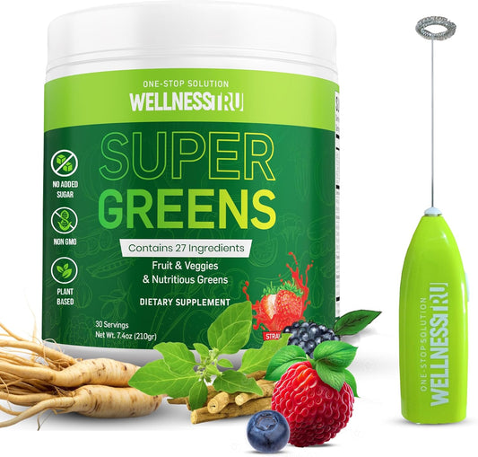 Superfood Greens Powder with Spirulina, Chlorella, Prebiotics - Gut Health & Energy - Ashwagandha for Stress Relief - Strawberry Flavor - 30 Servings + Free Mixer