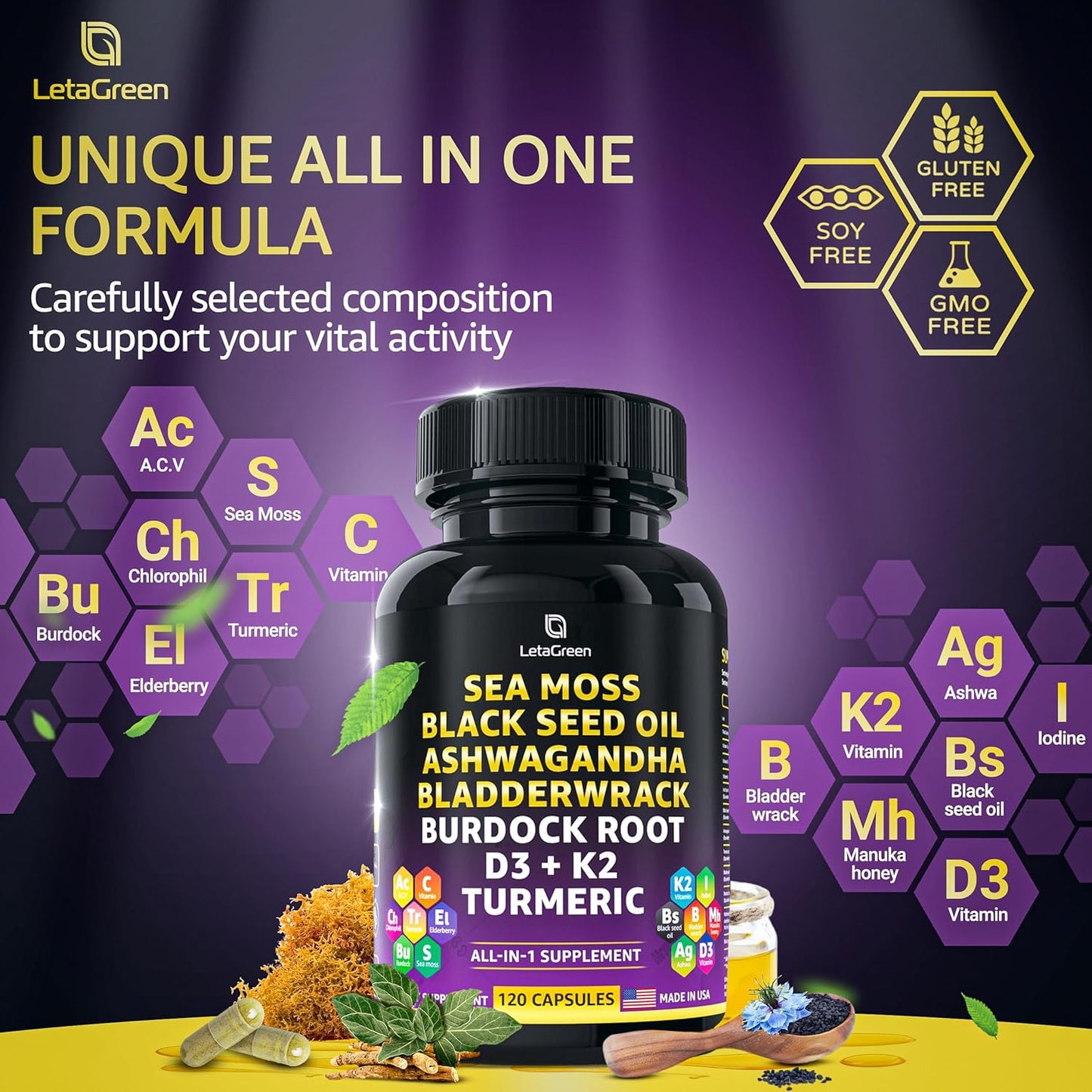 Superfood Immune Support Capsules with Sea Moss, Black Seed Oil, Ashwagandha, Bladderwrack, Burdock, Turmeric, Vitamins, and Minerals 120 Count - BoostGo Australia