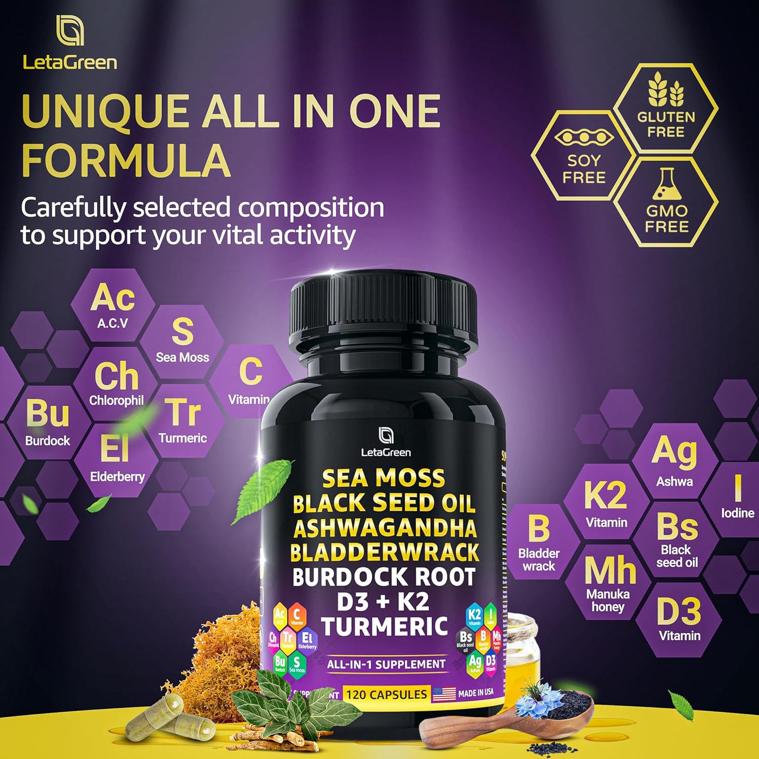 Superfood Immune Support Capsules with Sea Moss, Black Seed Oil, Ashwagandha, Bladderwrack, Burdock, Turmeric, Vitamins, and Minerals 120 Count - BoostGo Australia