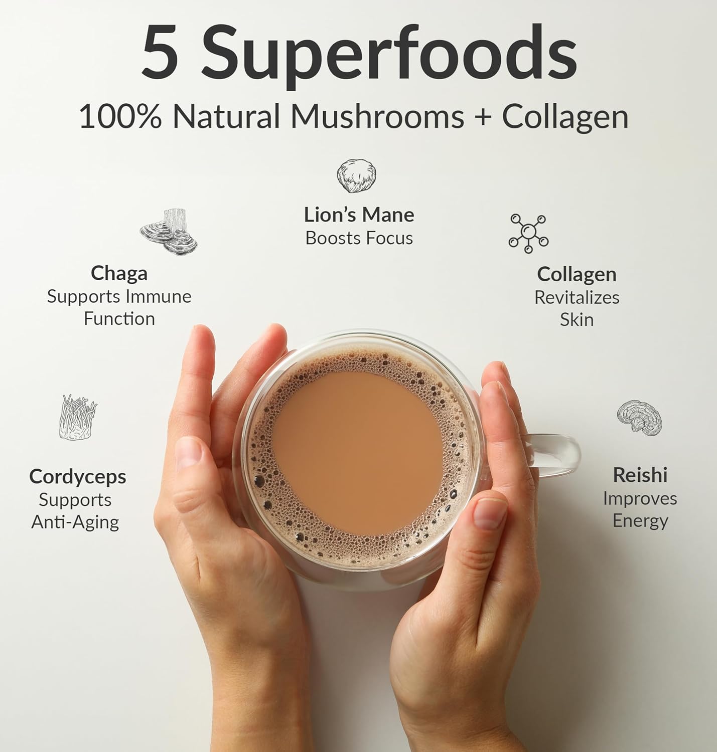 Superfood Mushroom Chai Drink with Collagen for Energy, Focus, and Gut Health: Lion’s Mane, Chaga, Reishi - 15 Servings