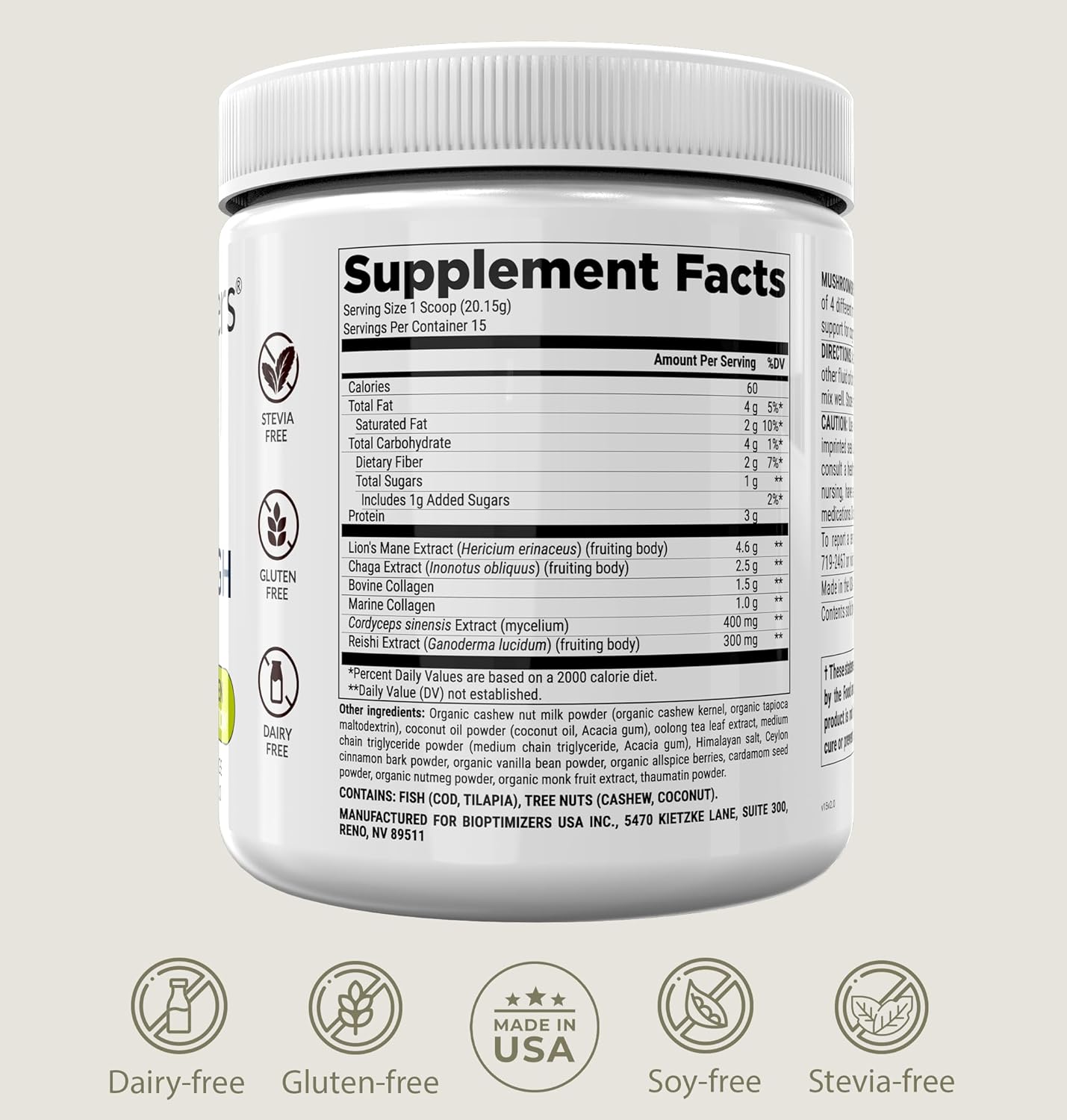 Superfood Mushroom Chai Drink with Collagen for Energy, Focus, and Gut Health: Lion’s Mane, Chaga, Reishi - 15 Servings