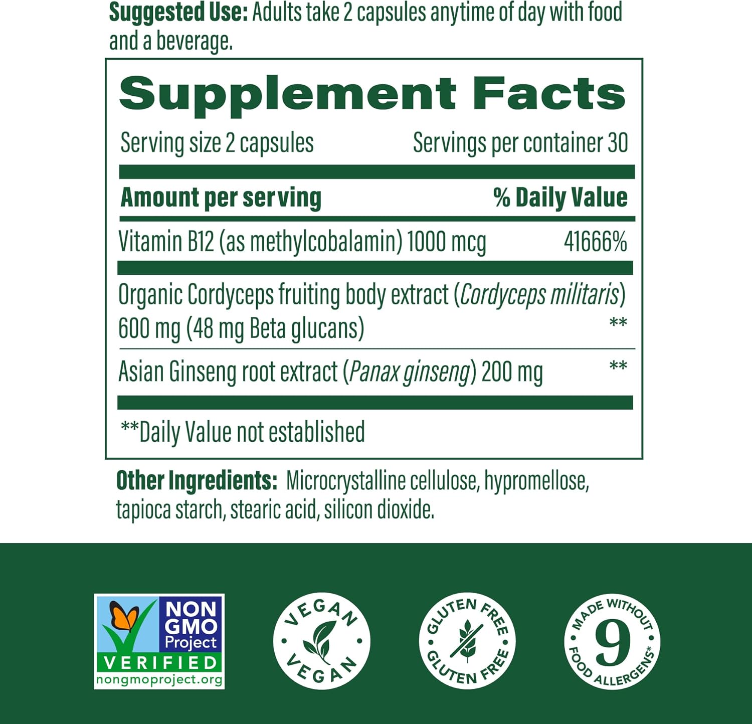 Superfood Mushroom Energy Support Supplement - Cordyceps Mushroom with Methylated B12 & Panax Ginseng - Gluten-Free, Vegan - 60 Capsules