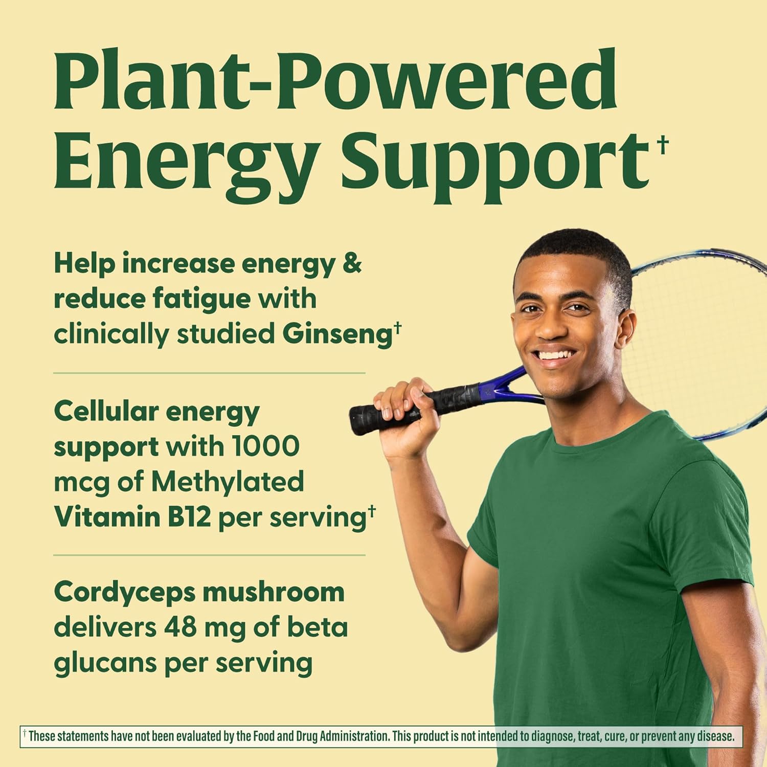 Superfood Mushroom Energy Support Supplement - Cordyceps Mushroom with Methylated B12 & Panax Ginseng - Gluten-Free, Vegan - 60 Capsules