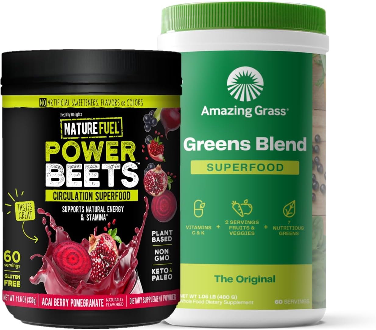 Superfood Smoothie Mix: Amazing Greens Blend & Power Beets Powder for Natural Energy Boost, 60 Servings Each