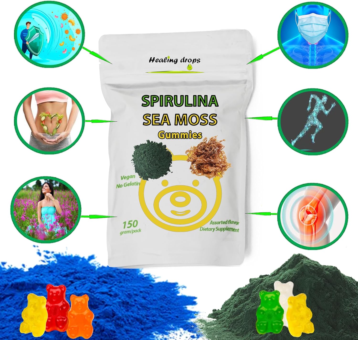 Superfood Spirulina Sea Moss Gummy Bears for Overall Wellness - Healing Drops Spirulina & Sea Moss Gummies Made with Blue-Green Powder & Extract