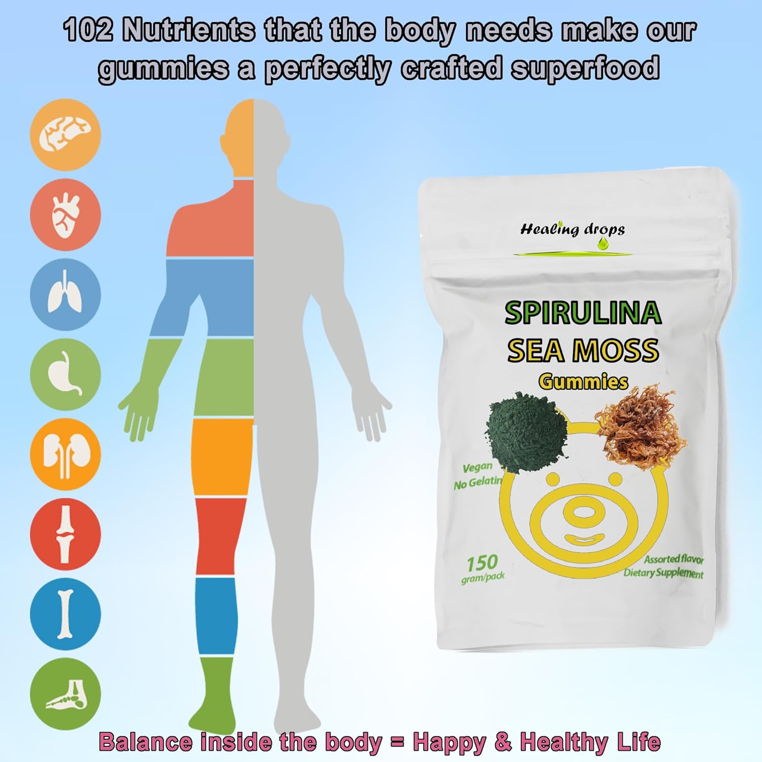 Superfood Spirulina Sea Moss Gummy Bears for Overall Wellness - Healing Drops Spirulina & Sea Moss Gummies Made with Blue-Green Powder & Extract