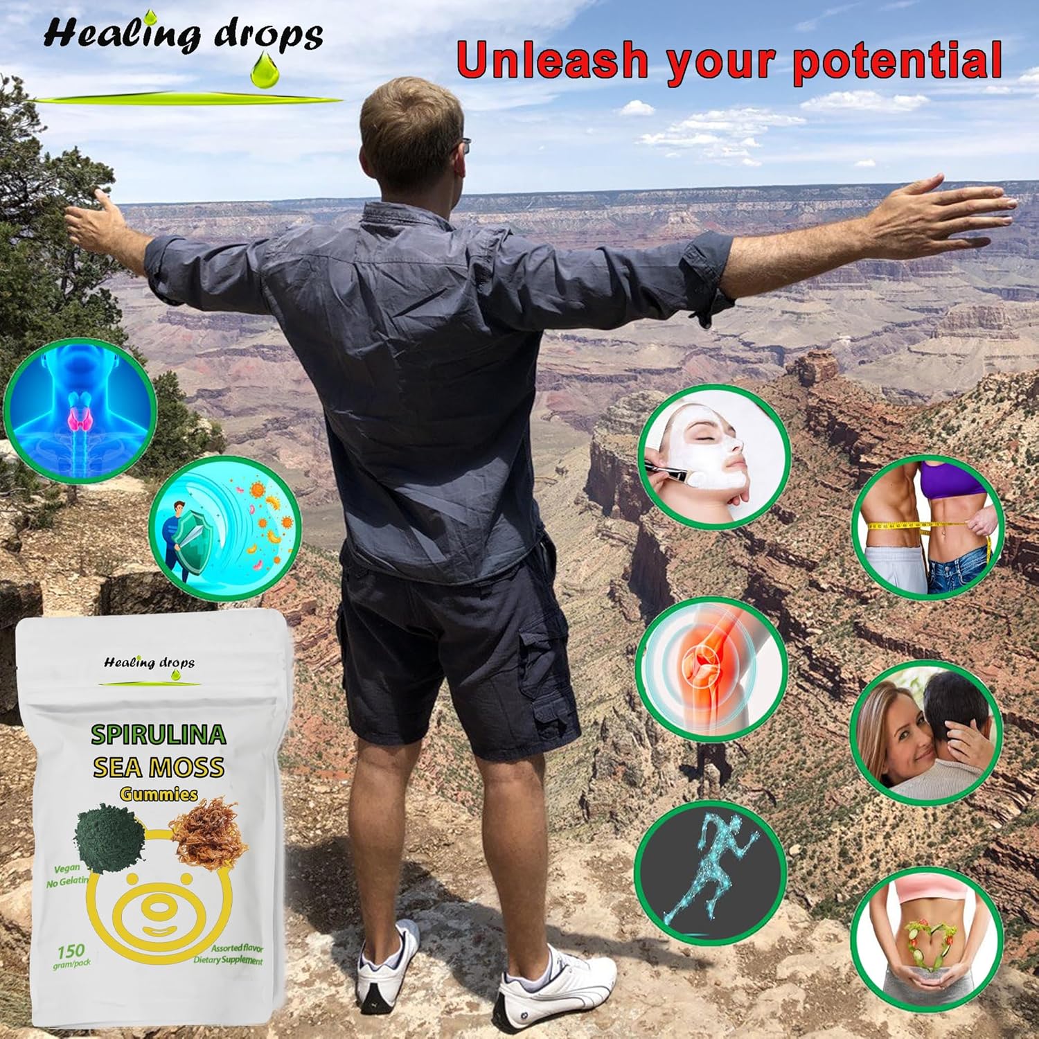 Superfood Spirulina Sea Moss Gummy Bears for Overall Wellness - Healing Drops Spirulina & Sea Moss Gummies Made with Blue-Green Powder & Extract