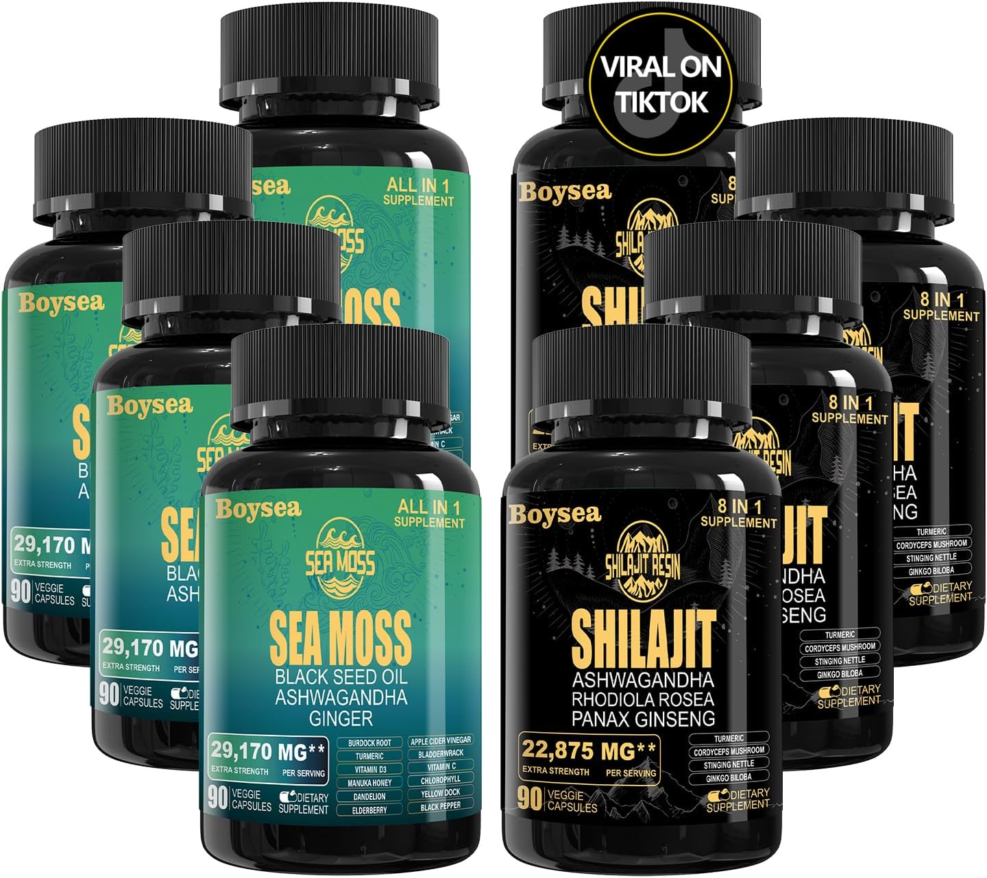 Superfood Supplement Bundle: Geloo 90 Sea Moss & Shilajit Capsules (Black Seed Oil, Ashwagandha) - 4 Pack