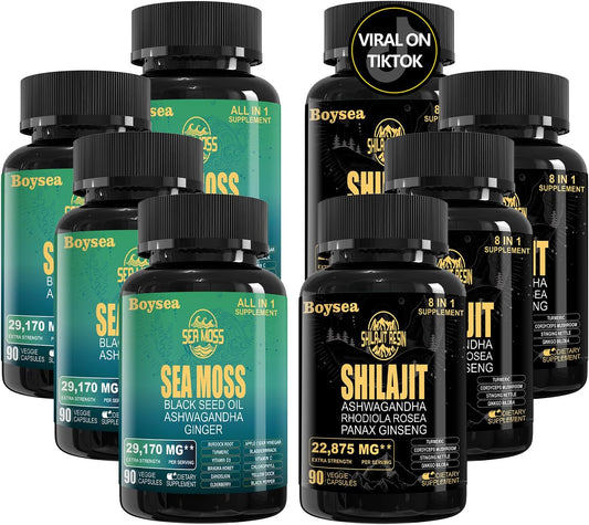Superfood Supplement Bundle: Geloo 90 Sea Moss & Shilajit Capsules (Black Seed Oil, Ashwagandha) - 4 Pack