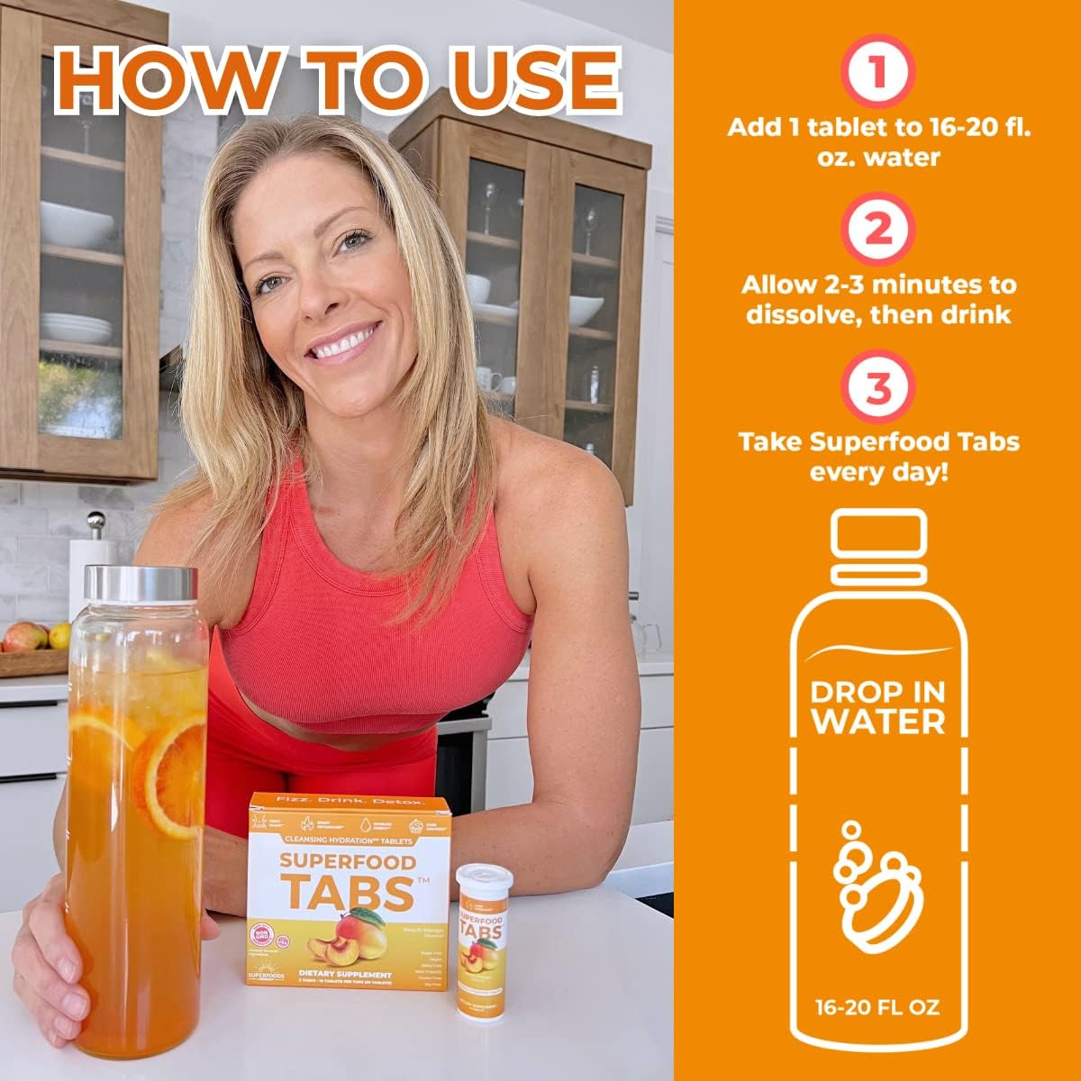 Superfood Tabs Detox Cleanse Drink for Women & Men - Supports Healthy Weight, Digestive Health, Cravings & Bloating - Peach Mango Flavor [60 Tablets]