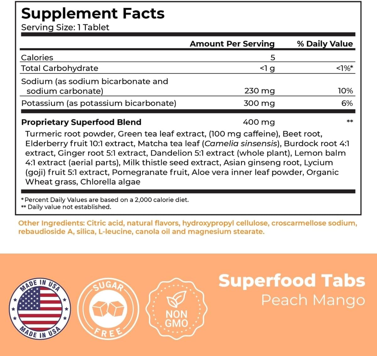 Superfood Tabs Detox Cleanse Drink for Women & Men - Supports Healthy Weight, Digestive Health, Cravings & Bloating - Peach Mango Flavor [60 Tablets]