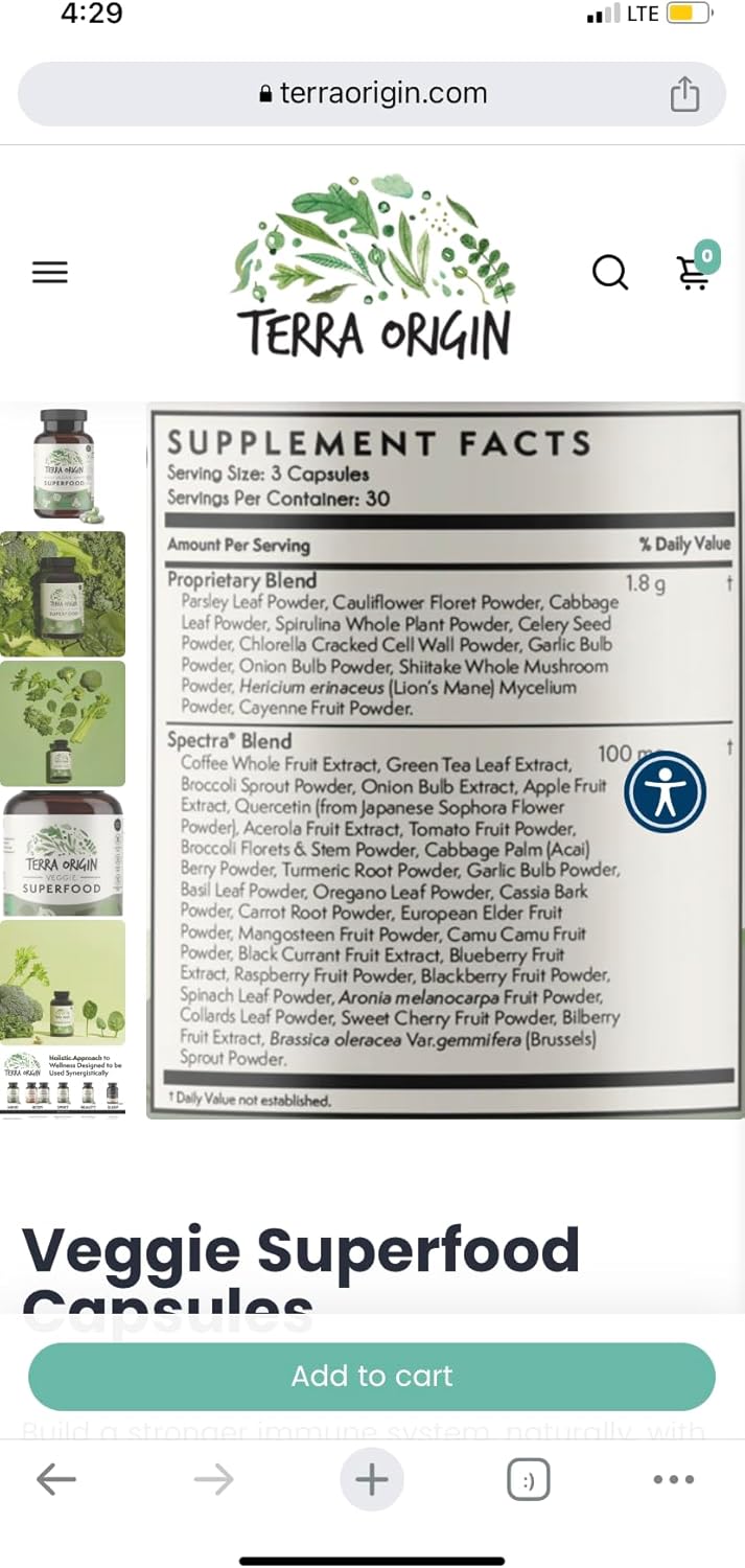 Superfood Veggie Capsules with Spectra® Antioxidant Blend - 90 Capsules, Plant Based & Nutrient Rich
