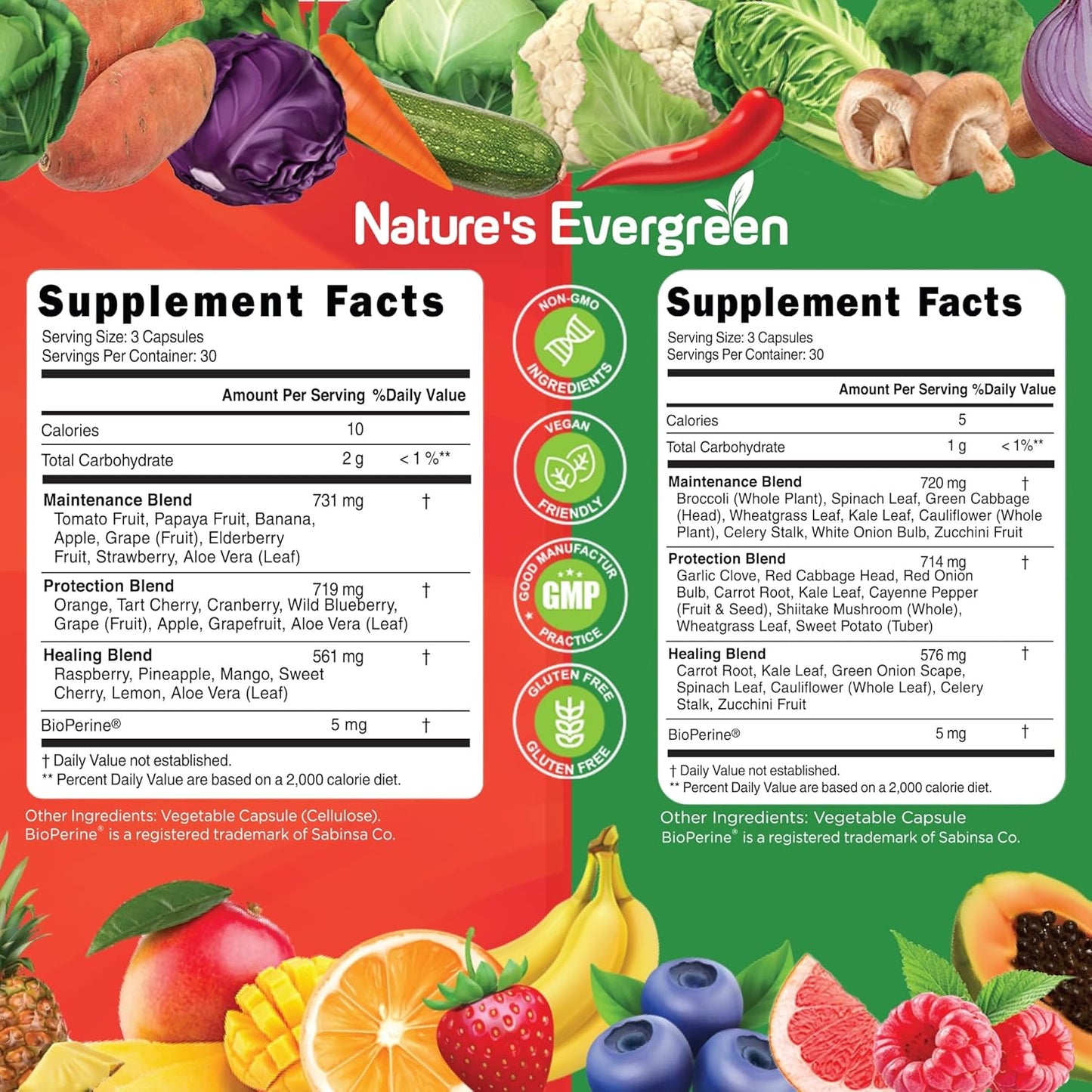 Superfood Vitamins & Minerals Supplement with Nature's Evergreen Fruits and Veggies - Vegan, Non GMO, Soy Free - 180 Capsules x 2 - Made in USA