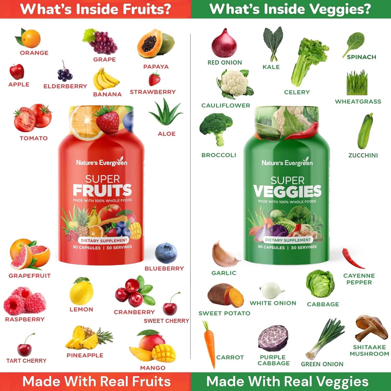 Superfood Vitamins & Minerals Supplement with Nature's Evergreen Fruits and Veggies - Vegan, Non GMO, Soy Free - 180 Capsules x 2 - Made in USA