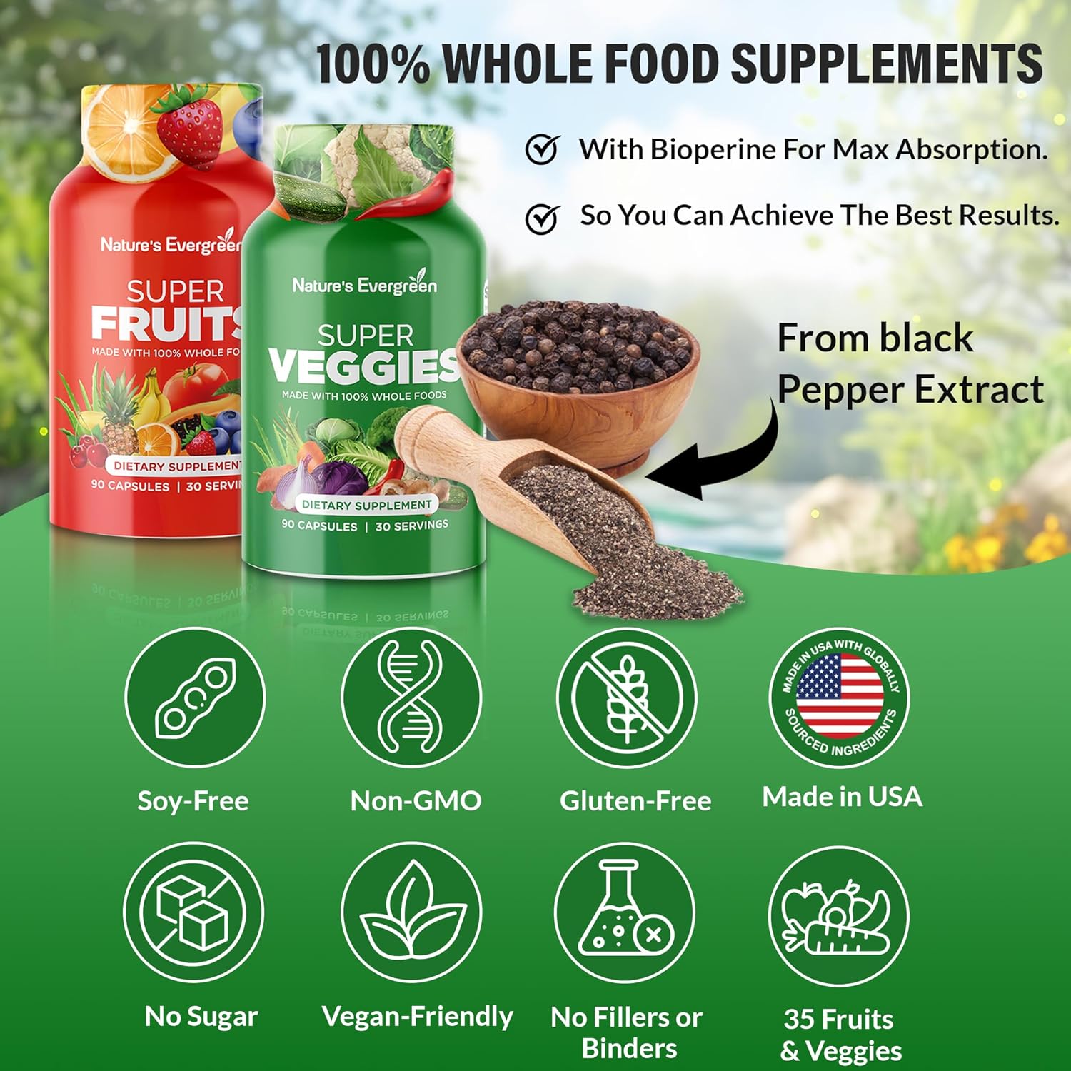 Superfood Vitamins & Minerals Supplement with Nature's Evergreen Fruits and Veggies - Vegan, Non GMO, Soy Free - 180 Capsules x 2 - Made in USA