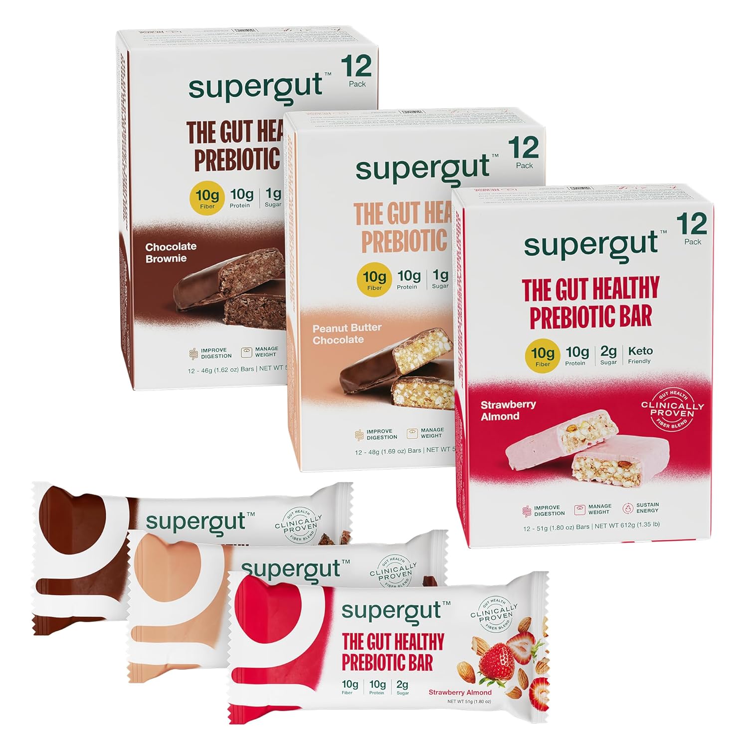 Supergut Prebiotic Bars Variety Pack - 36 Count | Meal Replacement with High Fiber and Protein | Boost GLP-1 Levels | No Added Sugar | Ideal Keto Food and Snack