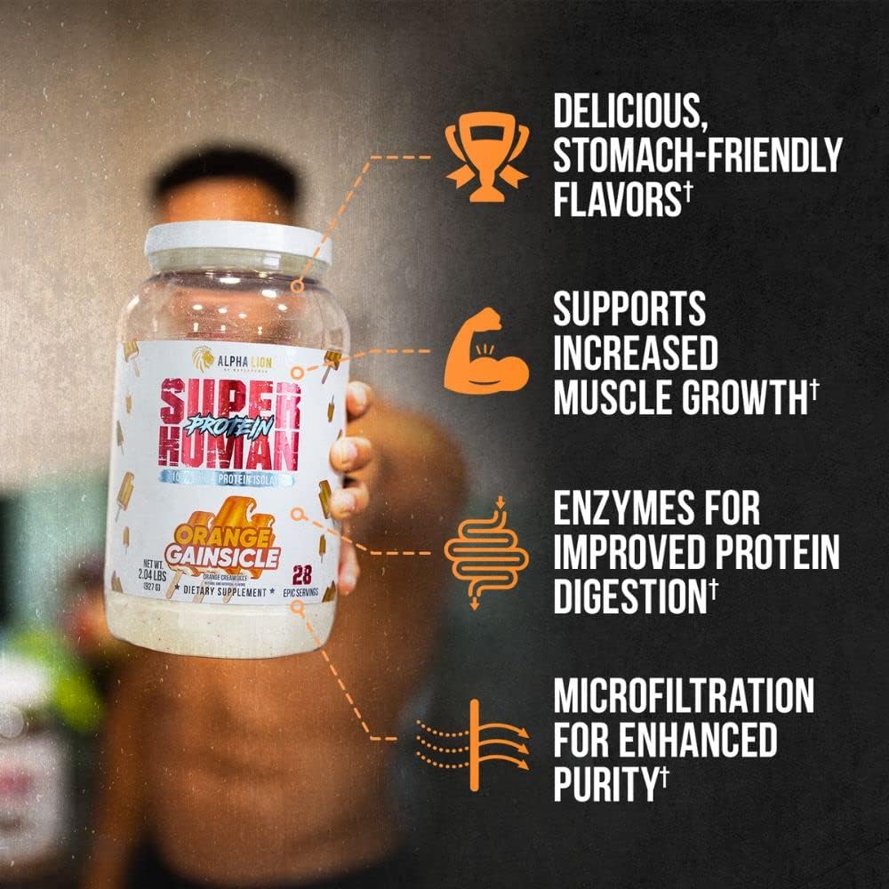 Superhuman Whey Protein Isolate Powder for Muscle Recovery & Growth - Low Carb, Low Sugar, No Bloat Post Workout - Orange Gainsicle Flavor - 28 Servings