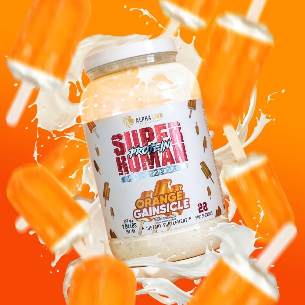 Superhuman Whey Protein Isolate Powder for Muscle Recovery & Growth - Low Carb, Low Sugar, No Bloat Post Workout - Orange Gainsicle Flavor - 28 Servings