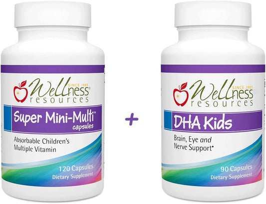 Superior Quality Children's Multivitamin and DHA Fish Oil Bundle for Growth and Development - Wellness Resources Mini Multi (120 caps) + DHA Kids (90 caps)