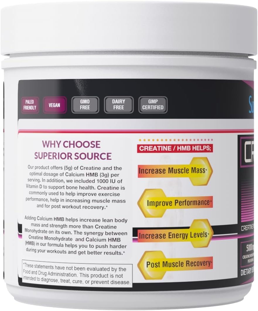 Superior Source Creatine Monohydrate with HMB, D3, Enhanced Strength & Recovery, Ideal for High-Intensity Workouts