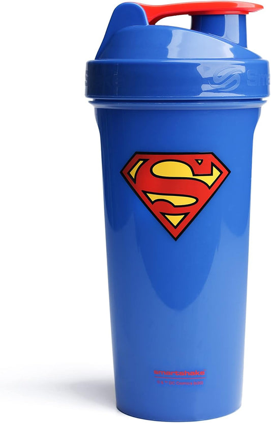 Superman Justice League Smartshake Lite Protein Shaker Bottle 800ml - BPA Free Gym Bottle for Protein Powder - DC Comics Blue Water Bottle - Superman Gifts