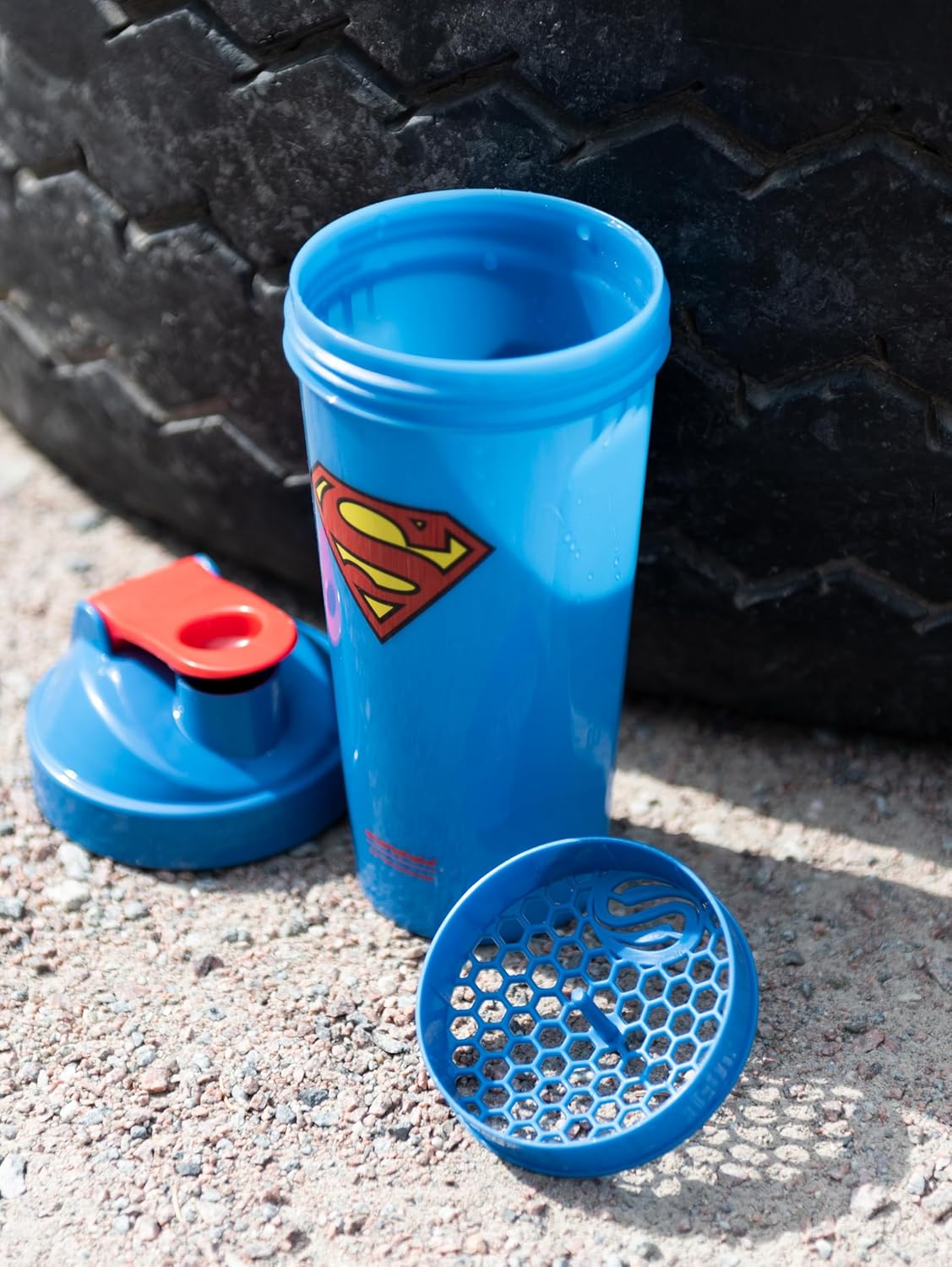 Superman Justice League Smartshake Lite Protein Shaker Bottle 800ml - BPA Free Gym Bottle for Protein Powder - DC Comics Blue Water Bottle - Superman Gifts