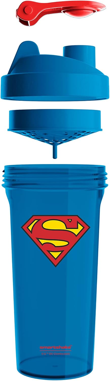 Superman Justice League Smartshake Lite Protein Shaker Bottle 800ml - BPA Free Gym Bottle for Protein Powder - DC Comics Blue Water Bottle - Superman Gifts