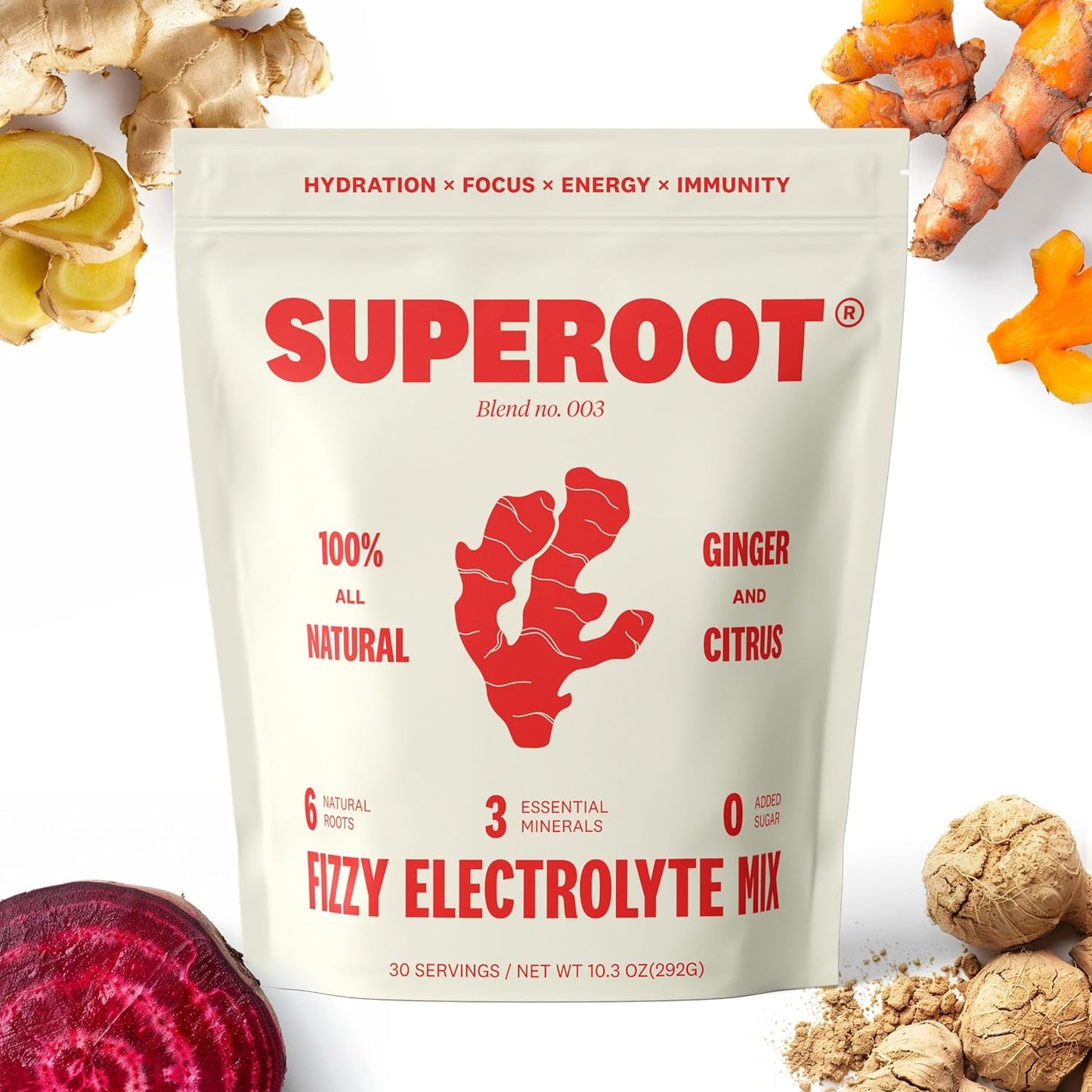 Superoot Ginger & Citrus Flavored Electrolytes with Deep Ocean Minerals, Antioxidants, and Vitamin C for Detox & Immunity Boost | Caffeine-Free Energy & Hydration Drink with 0 Added Sugar | 30 Servings