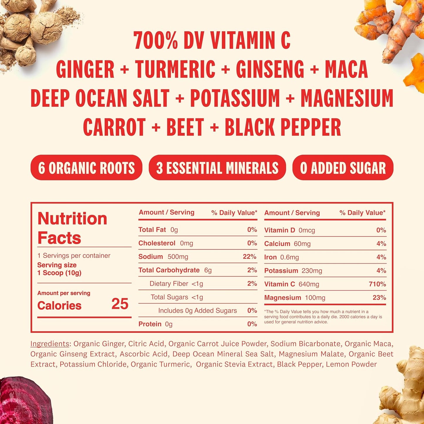 Superoot Ginger & Citrus Flavored Electrolytes with Deep Ocean Minerals, Antioxidants, and Vitamin C for Detox & Immunity Boost | Caffeine-Free Energy & Hydration Drink with 0 Added Sugar | 30 Servings