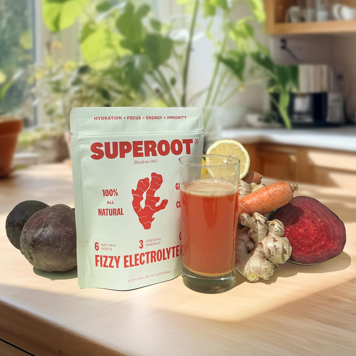 Superoot Ginger & Citrus Flavored Electrolytes with Deep Ocean Minerals, Antioxidants, and Vitamin C for Detox & Immunity Boost | Caffeine-Free Energy & Hydration Drink with 0 Added Sugar | 30 Servings